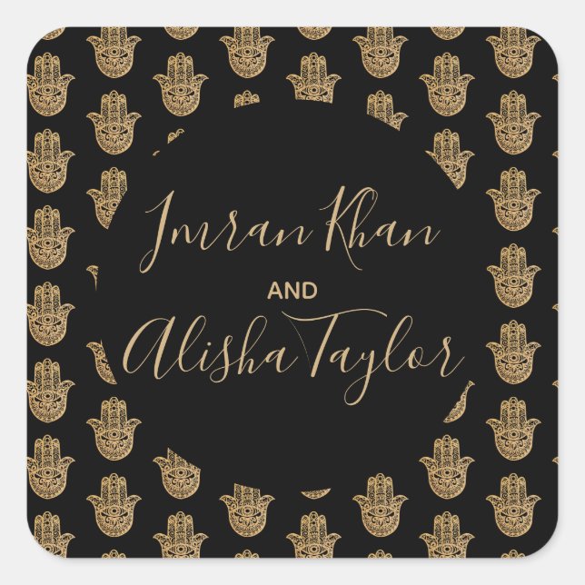 Pegatina Cuadrada Boda indio Gold hamsa Henna Invitación (Anverso)