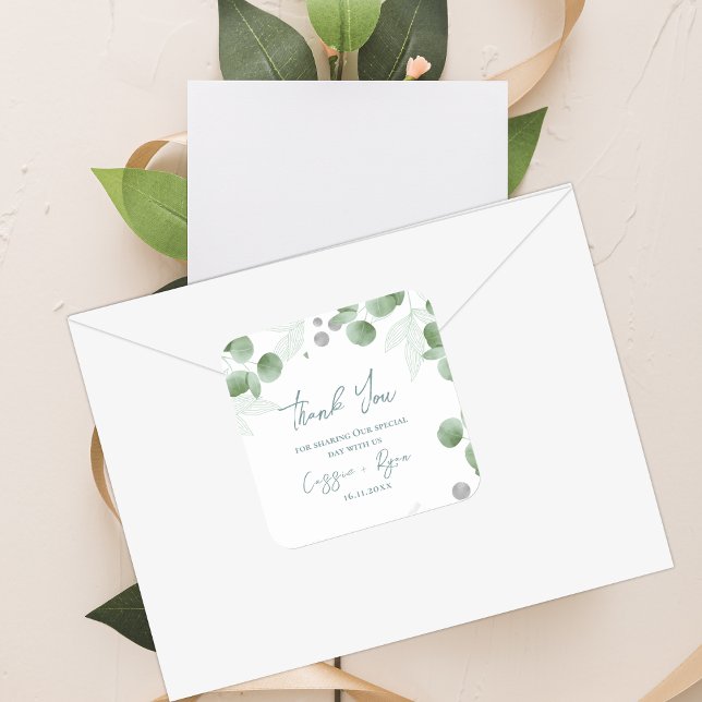 Pegatina Cuadrada Boda inspirado en la naturaleza Eucalyptus Gracias (Eucalyptus nature-inspired Wedding Thank You Square Sticker)