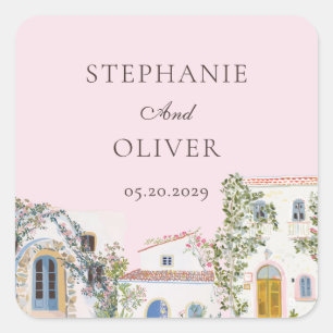 Pegatina Cuadrada Boda Italiana Mediterránea Acuarela Pastel