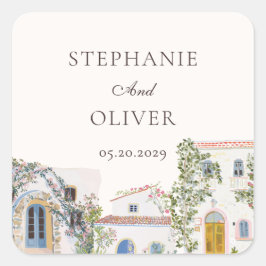 Pegatina Cuadrada Boda italiana mediterránea con acuarela pastel