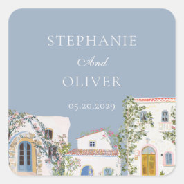 Pegatina Cuadrada Boda italiana mediterránea con acuarela pastel