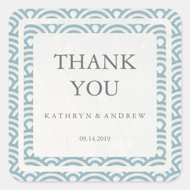 Pegatina Cuadrada Boda japonés Seigaiha Gracias/Personalizado Textos (Anverso)