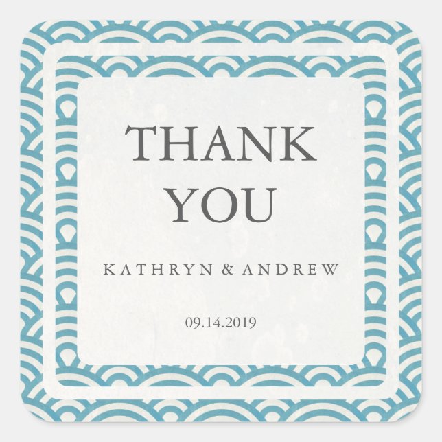 Pegatina Cuadrada Boda japonés Seigaiha Gracias/Personalizado Textos (Anverso)