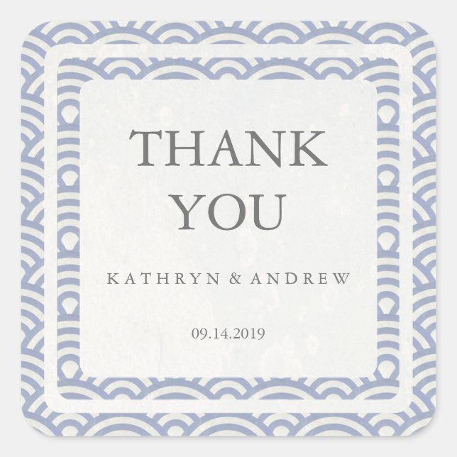 Pegatina Cuadrada Boda japonés Seigaiha Gracias/Personalizado Textos (Anverso)
