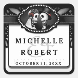 Pegatina Cuadrada Boda Lápiz Blanco Negro Nombres de esqueletos Boda