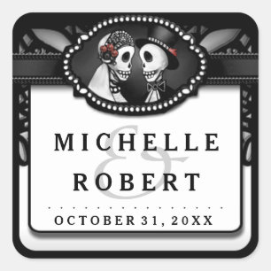 Pegatina Cuadrada Boda Lápiz Blanco Negro Nombres de esqueletos Boda