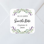 Pegatina Cuadrada Boda Lavender eucalipto Salven la fecha<br><div class="desc">Un elegante fondo blanco decorado con flores de lavanda y vegetación de eucalipto. Personalice y agregue sus nombres y fecha de boda.</div>