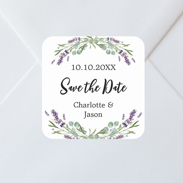 Pegatina Cuadrada Boda Lavender eucalipto Salven la fecha (Subido por el creador)