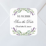 Pegatina Cuadrada Boda Lavender eucalipto Salven la fecha<br><div class="desc">A Guardar el pegatina de fecha para su boda. Un elegante fondo blanco decorado con flores de lavanda y vegetación de eucalipto. Personalice y agregue sus nombres y fecha de boda.</div>