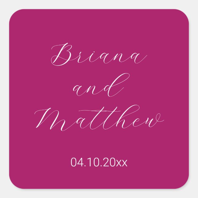 Pegatina Cuadrada Boda Magenta Escritura Minimalista (Anverso)