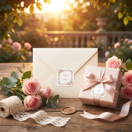 Pegatina Cuadrada Boda Marco Dorado Acuarela Rosa Agua Rosada Rubor