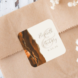 Pegatina Cuadrada Boda Marfil Ágata Naranja Quemada Dorado