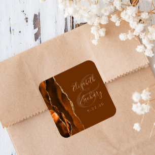 Pegatina Cuadrada Boda Marrón Dorado Ágata Naranja Quemada