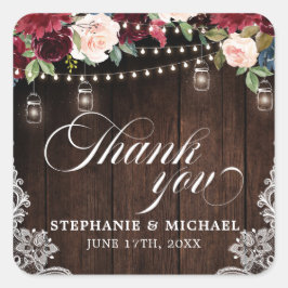 Pegatina Cuadrada Boda Mason Jar, floral de borgoña de madera rústic