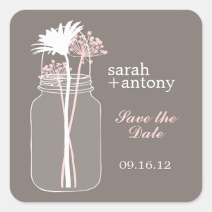 Pegatina Cuadrada Boda Mason Jar y Flowers rosa y Brown