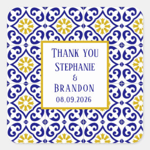 Pegatina Cuadrada Boda mediterráneo azul de azulejos portugueses