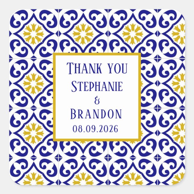 Pegatina Cuadrada Boda mediterráneo azul de azulejos portugueses (Anverso)