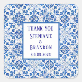 Pegatina Cuadrada Boda mediterráneo azul de azulejos portugueses