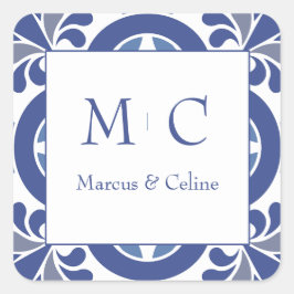 Pegatina Cuadrada Boda mediterráneo azul y blanco