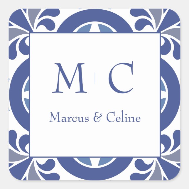 Pegatina Cuadrada Boda mediterráneo azul y blanco (Anverso)