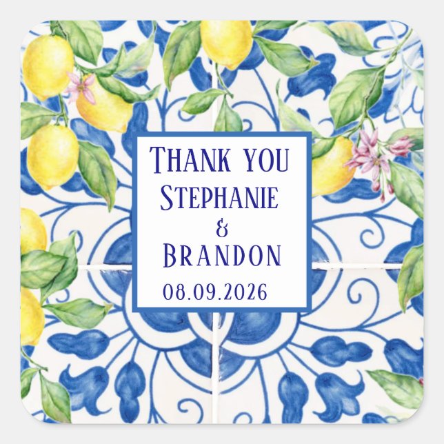 Pegatina Cuadrada Boda mediterráneo de lemones de azulejos portugues (Anverso)