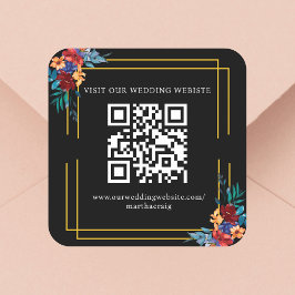 Pegatina Cuadrada Boda mexicano de flores de Fiesta Código QR Negro