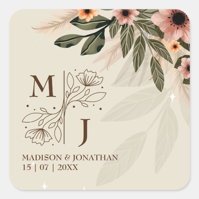 Pegatina Cuadrada Boda minimalista bohemio rústico (Anverso)