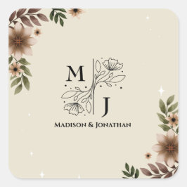 Pegatina Cuadrada Boda Minimalista de Boho Floral