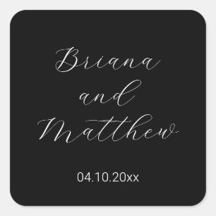 Pegatina Cuadrada Boda Minimalista en Blanco y Negro con Letra Scrip