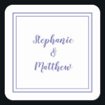Pegatina Cuadrada Boda Minimalista Moderna Gracias Periwinkle<br><div class="desc">El diseño de boda moderno minimalista y elegante presenta los nombres de la novia y el novio en un diseño moderno con un borde doble en azul pervinca sobre un fondo blanco. El diseño moderno es simple y elegante. Personalice los detalles de la boda con sus nombres en letra cursiva...</div>