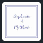 Pegatina Cuadrada Boda Minimalista Moderna Gracias Periwinkle<br><div class="desc">El diseño de boda moderno minimalista y elegante presenta los nombres de la novia y el novio en un diseño moderno con un borde doble en azul pervinca sobre un fondo blanco. El diseño moderno es simple y elegante. Personalice los detalles de la boda con sus nombres en letra cursiva...</div>