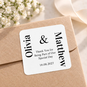 Pegatina Cuadrada Boda Minimalista Moderna Tipografía Negra Blanca