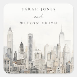 Pegatina Cuadrada Boda mínimo de acuarela del Skyline de la ciudad d