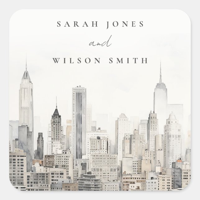 Pegatina Cuadrada Boda mínimo de acuarela del Skyline de la ciudad d (Anverso)