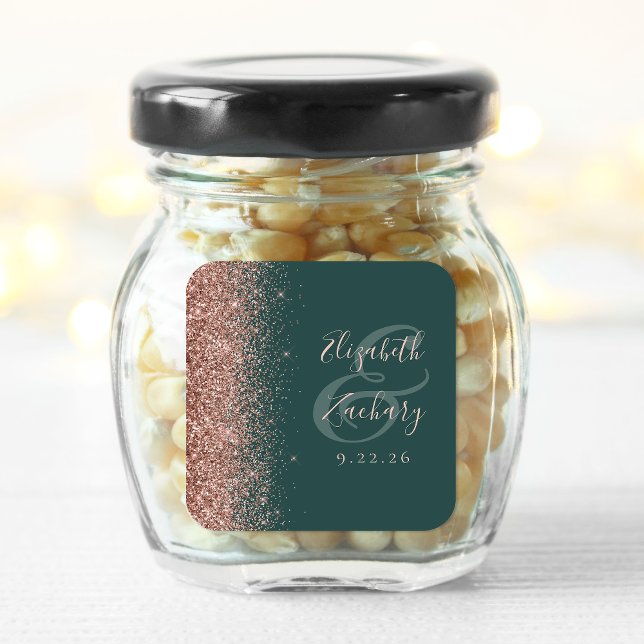 Pegatina Cuadrada Boda Moderna con Borde de Brillo de Oro Rosa Verde (Subido por el creador)