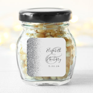 Pegatina Cuadrada Boda moderna con borde de brillo plateado gris pál