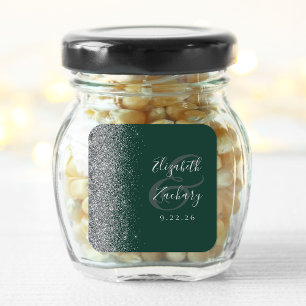 Pegatina Cuadrada Boda Moderna con Borde de Purpurina Plateada Verde