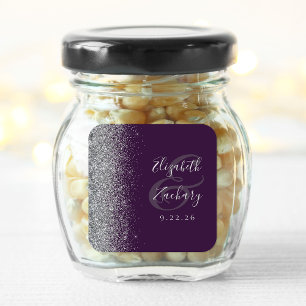 Pegatina Cuadrada Boda Moderna con Borde de Purpurina Plateada y Mor