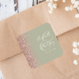 Pegatina Cuadrada Boda Moderna con Borde de Purpurina Verde y Dorado