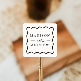 Pegatina Cuadrada Boda Moderna con Marco Ondulado Crema y Negro