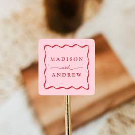 Pegatina Cuadrada Boda moderna con marco ondulado rosa y rojo