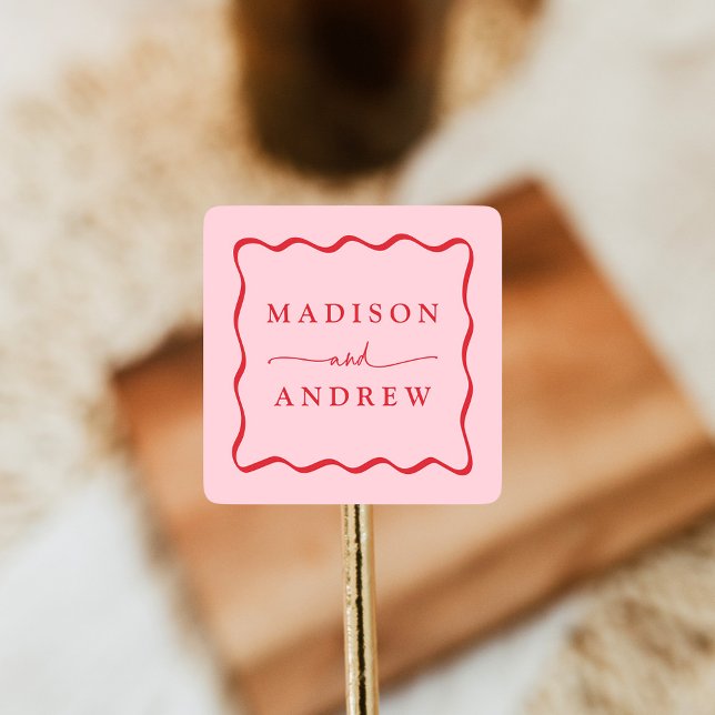 Pegatina Cuadrada Boda moderna con marco ondulado rosa y rojo (Subido por el creador)