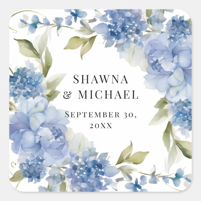 Pegatina Cuadrada Boda moderna de acuarela floral de primavera azul  (Anverso)