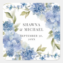 Pegatina Cuadrada Boda moderna de acuarela floral de primavera azul 