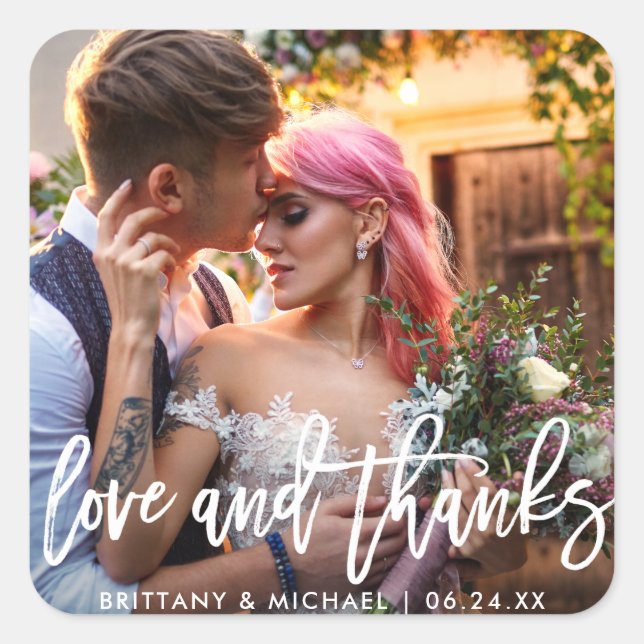 Pegatina Cuadrada Boda Moderno Brush Script Love Gracias (Anverso)