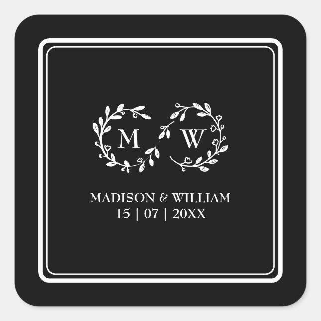 Pegatina Cuadrada Boda moderno clásico negro y blanco (Anverso)