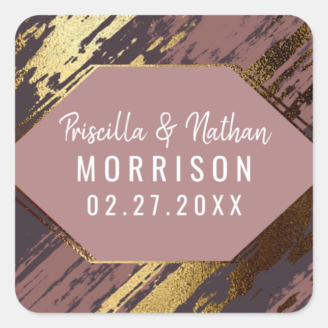 Pegatina Cuadrada Boda moderno de pinceles de oro malva morada (Anverso)