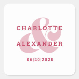 Pegatina Cuadrada Boda moderno Novia Groom Ampersand Magenta Red