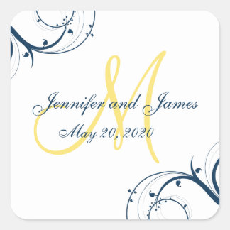 Pegatina Cuadrada Boda Monograma amarillo de remolino azul