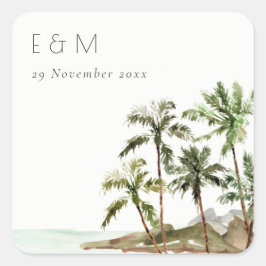 Pegatina Cuadrada Boda Monograma de arena de palmeras tropicales
